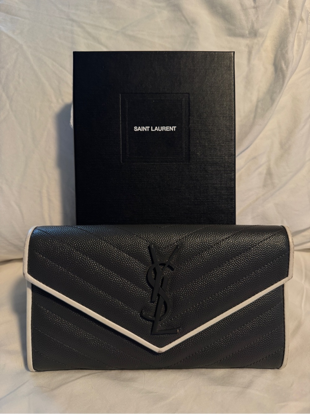 Saint Laurent Black Leather Long Wallet with White Trim